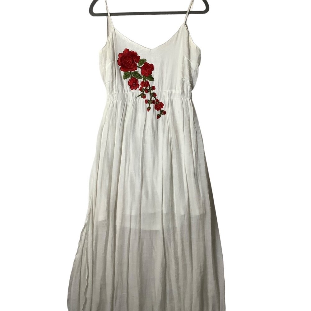 Say What? White Maxi Dress Women L Red Embroidered Roses Floral Guazy Strappy